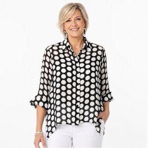 Chico's Polka Dot Button Up Shirt Women Size 0 (Small) White Black Classic Chic